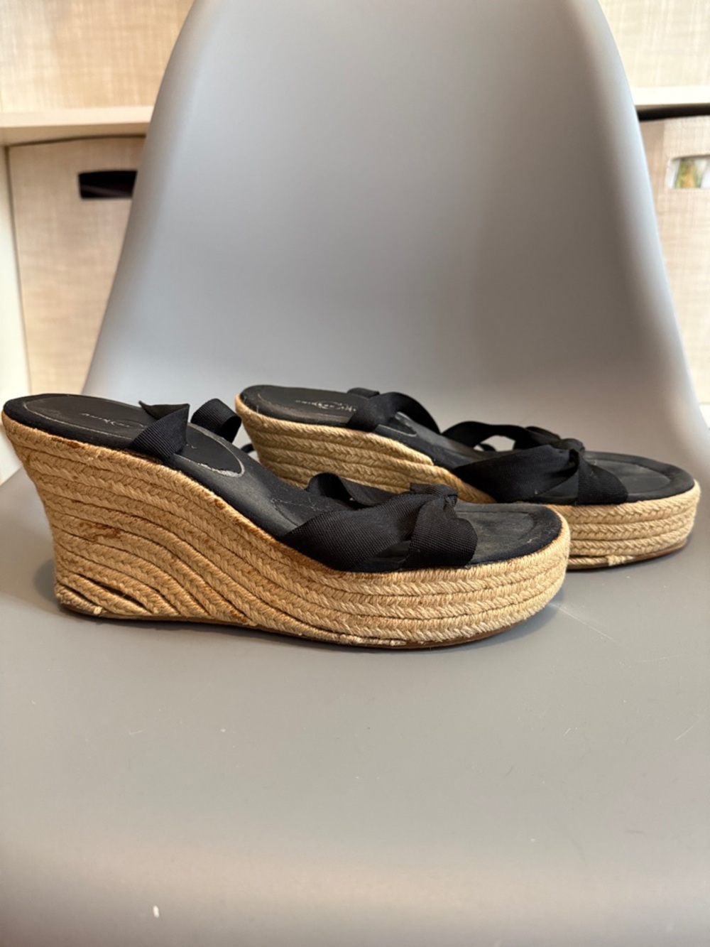 Vintage 2002 Black Espadrille Wedge Sandals with Tie-Up Straps
